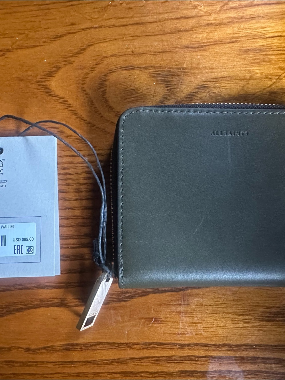 AllSaints Olive Leather Zip Wallet with Gold Zip - Picture 3 of 5